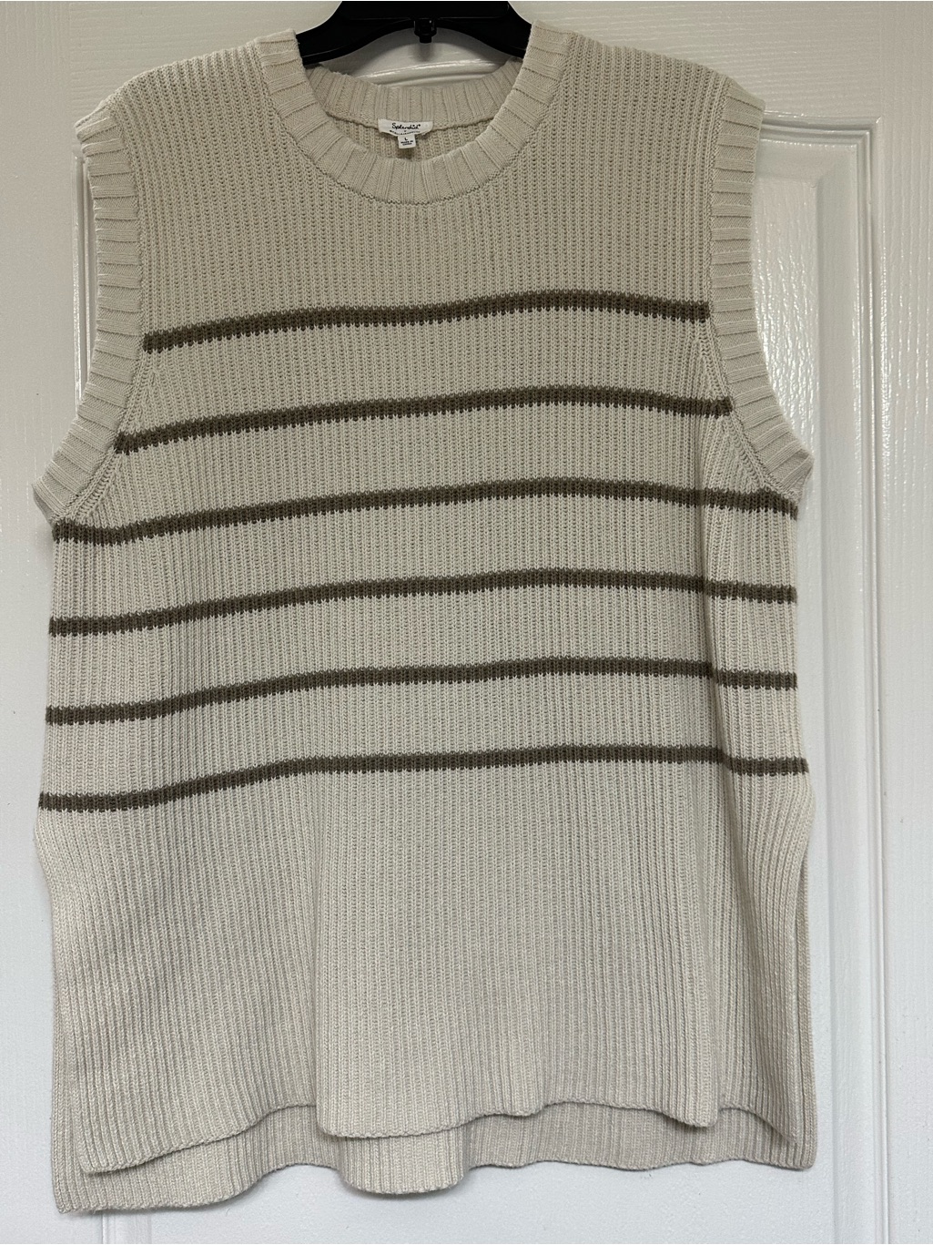 Splendid X Cella Jane Blog Cream Taupe Stripe Knit Sweater Vest Side Slit L